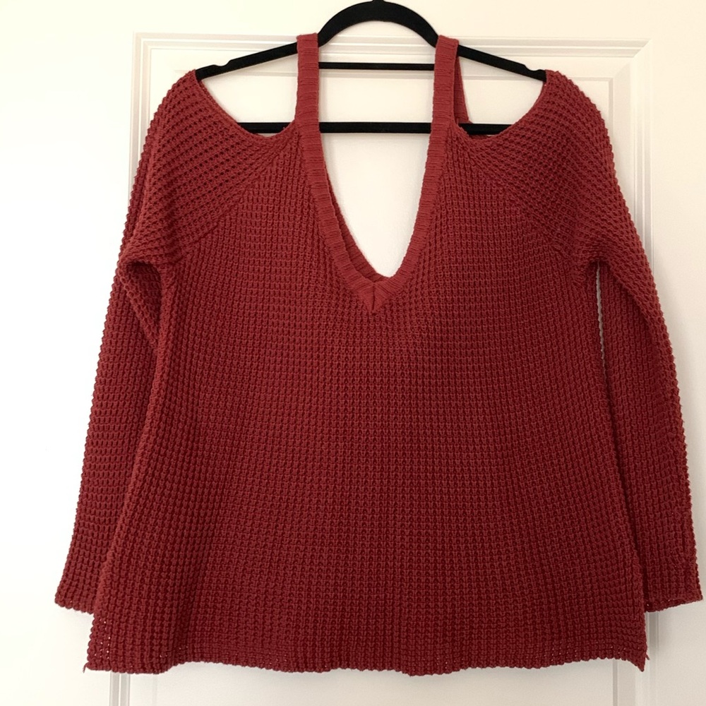 Maroon Open-Shoulder Knit Sweater